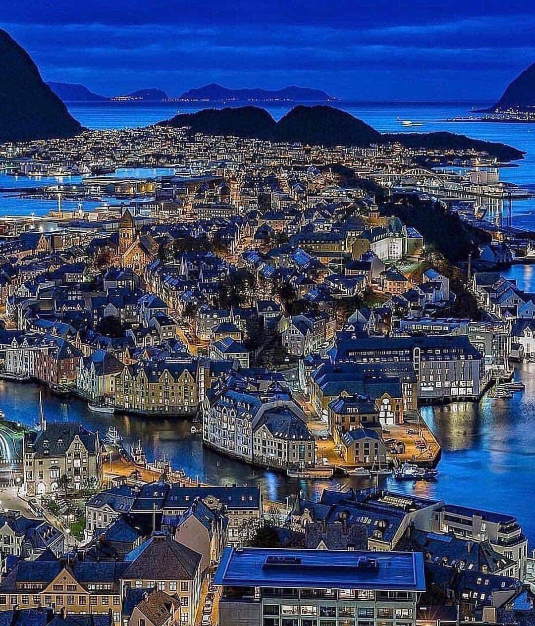 Aerial View of Stunning Ålesund, Norway at Night