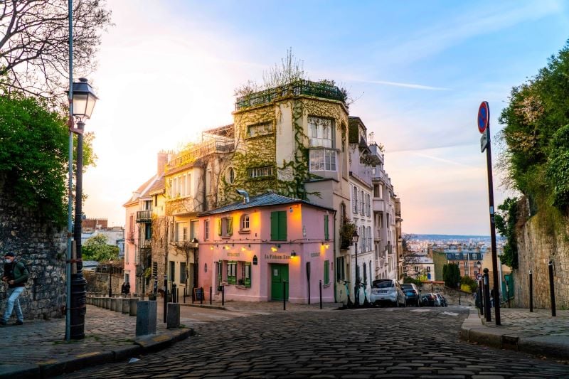 A picturesque view of Montmartre's quaint streets and historic buildings