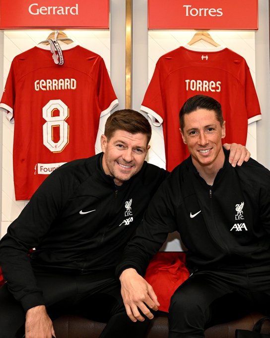Steven Gerrard and Fernando Torres together in the Reds dressing room at Anfield.