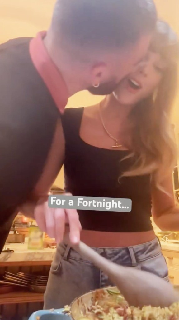 Taylor Swift and Travis Kelce kissing and cooking.