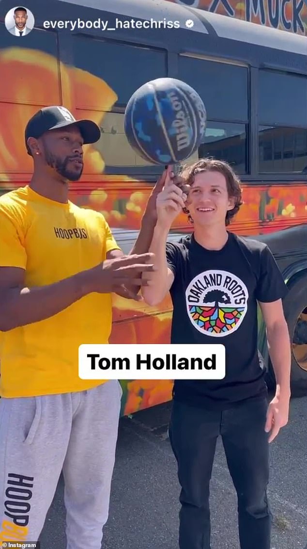 Tricks aplenty: The 26-year-old actress was joined by her boyfriend and Spider-Man co-star, 27, and non-profit organization Hoopbus to shoot some hoops with students in her hometown