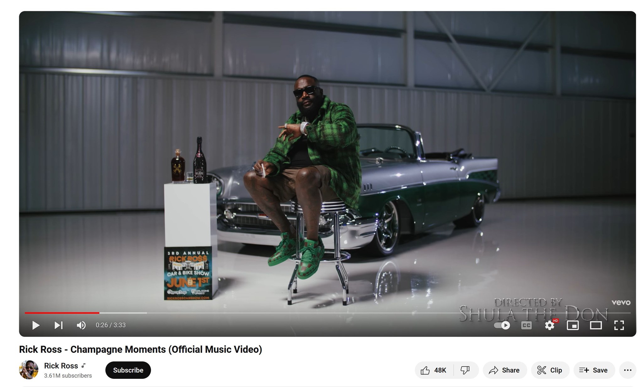 May be an image of 1 person and text that says "3RD DANNUAL CAR& IKESHOW SHOW போவுசிய ેন H 0:26 0:26/3:33 3:33 Rick Ross Champagne Moments (Official Music Video) Rick Ross 3.61M 3.61Msubacribers Subscribe DIECTED vevo 48K Share Clip t Save"