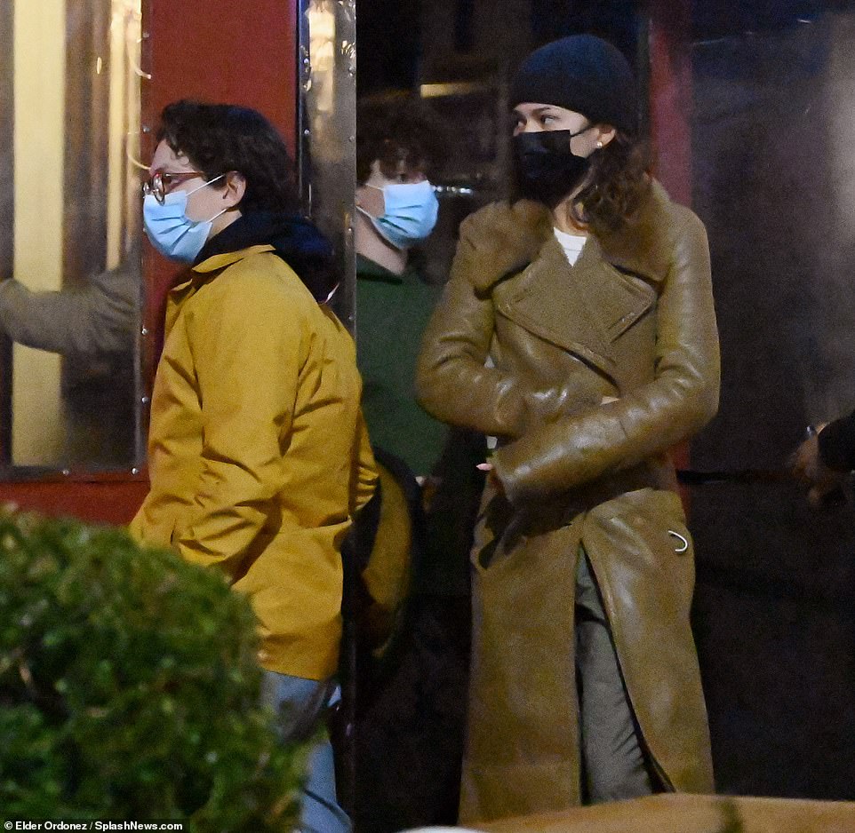 Keeping warm:Zendaya wore a black beanie over her head of brown curls and matched it to her face mask