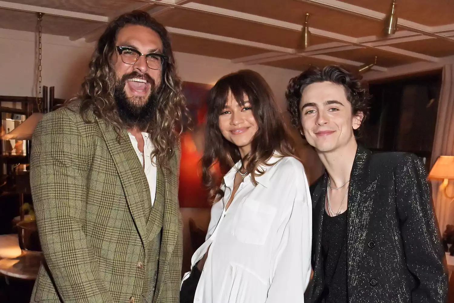 Jason Momoa, Zendaya and Timothee Chalamet attend a post-screening cocktail reception for "Dune" hosted by Cary Joji Fukunaga at Louie on October 17, 2021 in London, England.