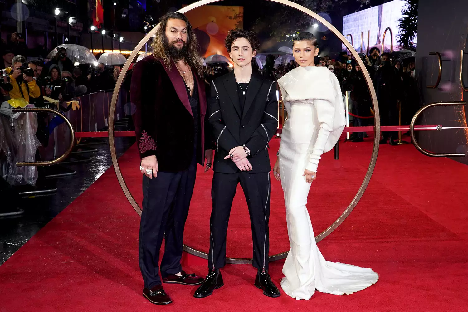 Jason Momoa (left), Timothee Chalamet and Zendaya attend a special screening of Dune at the Odeon Leicester Square in London. Picture date: Monday October 18, 2021.