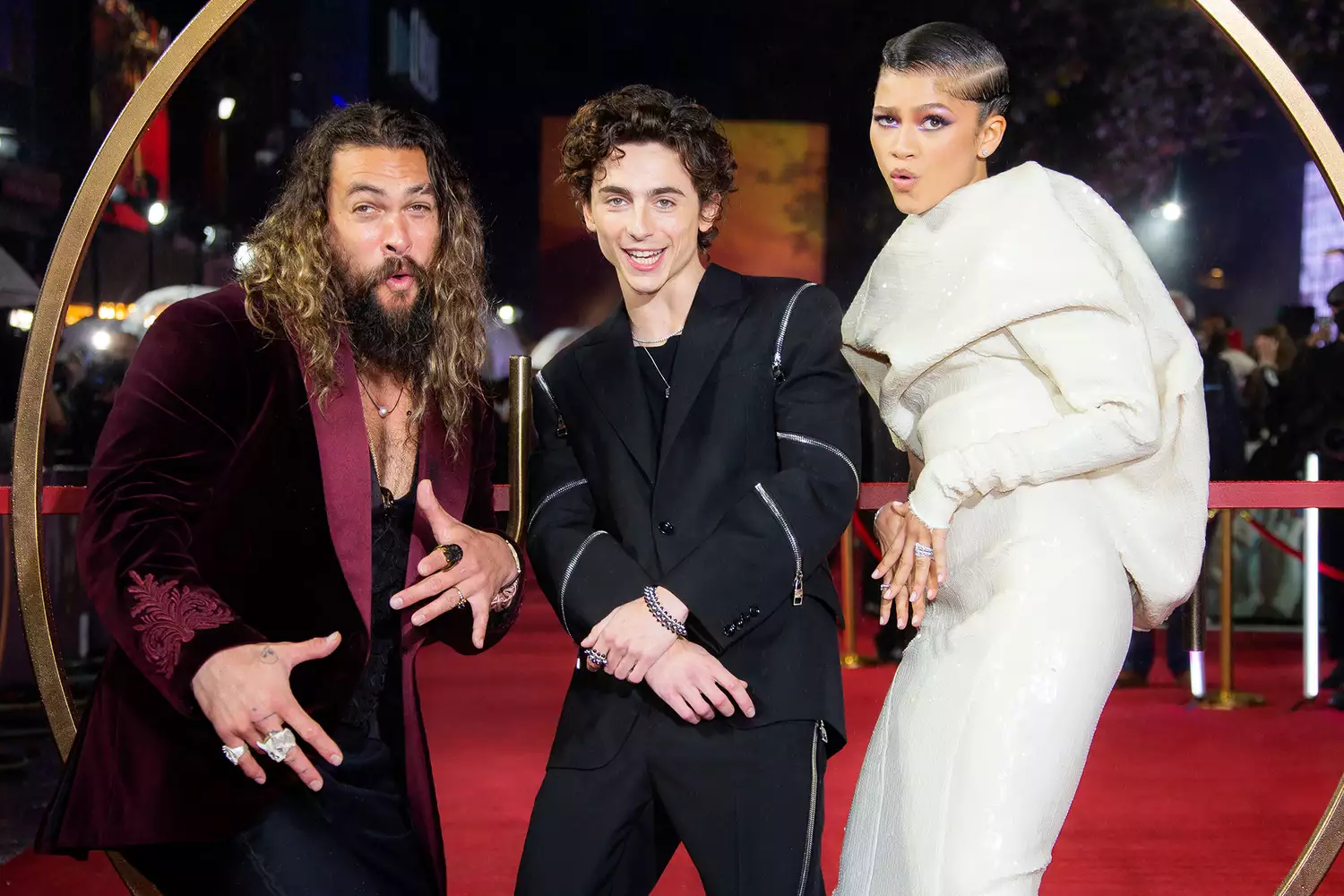 Zendaya, Timothee Chalamet and Jason Momoa, left, pose for photographers upon arrival at the premiere of the film 'Dune' on in London Dune UK Premiere, London, United Kingdom - 18 Oct 2021