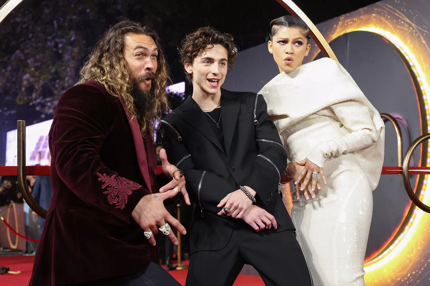 Jason Momoa, Timothée Chalamet and Zendaya attend the UK Special Screening of "Dune" at Odeon Luxe Leicester Square on October 18, 2021 in London, England. (Photo by Tim P. Whitby/Tim P. Whitby/Getty Images for Warner Bros )