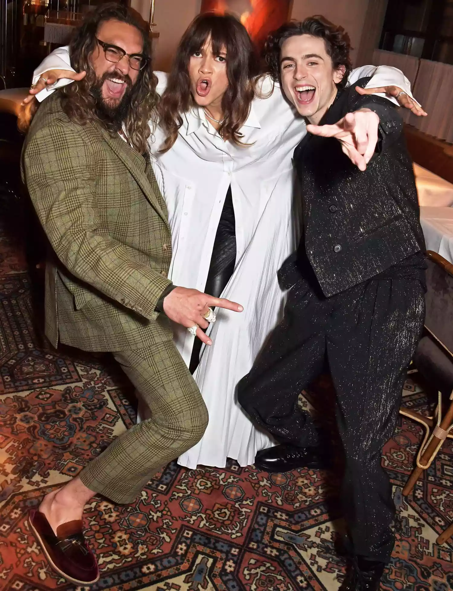 Jason Momoa, Zendaya and Timothee Chalamet attend a post-screening cocktail reception for "Dune" hosted by Cary Joji Fukunaga at Louie on October 17, 2021 in London, England