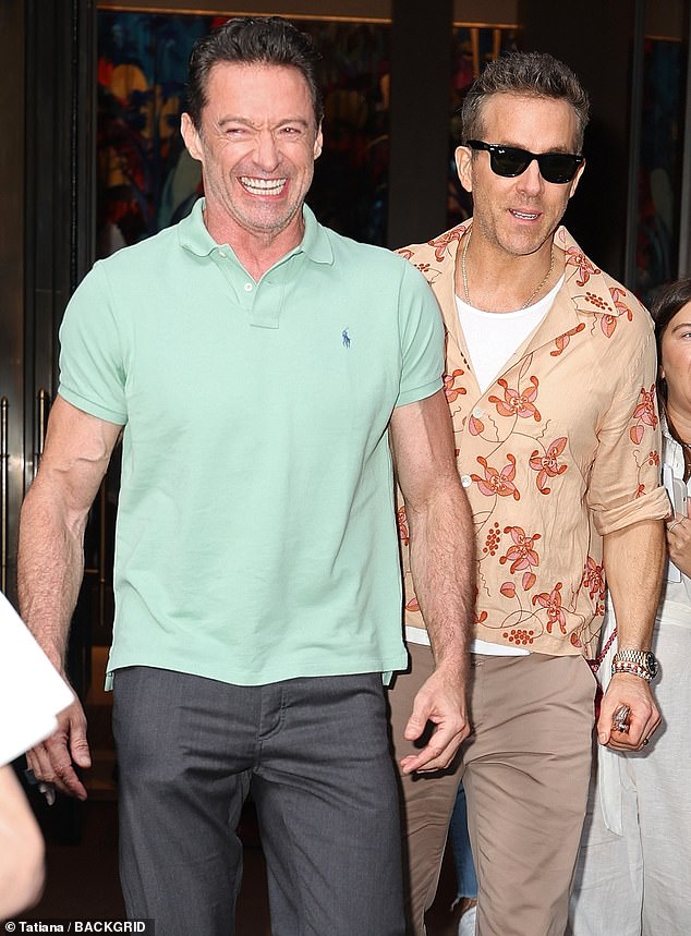 Hugh Jackman and Ryan Reynolds stepped out Friday in matching pastels as they promoted their new movie Deadpool & Wolverine in New York City